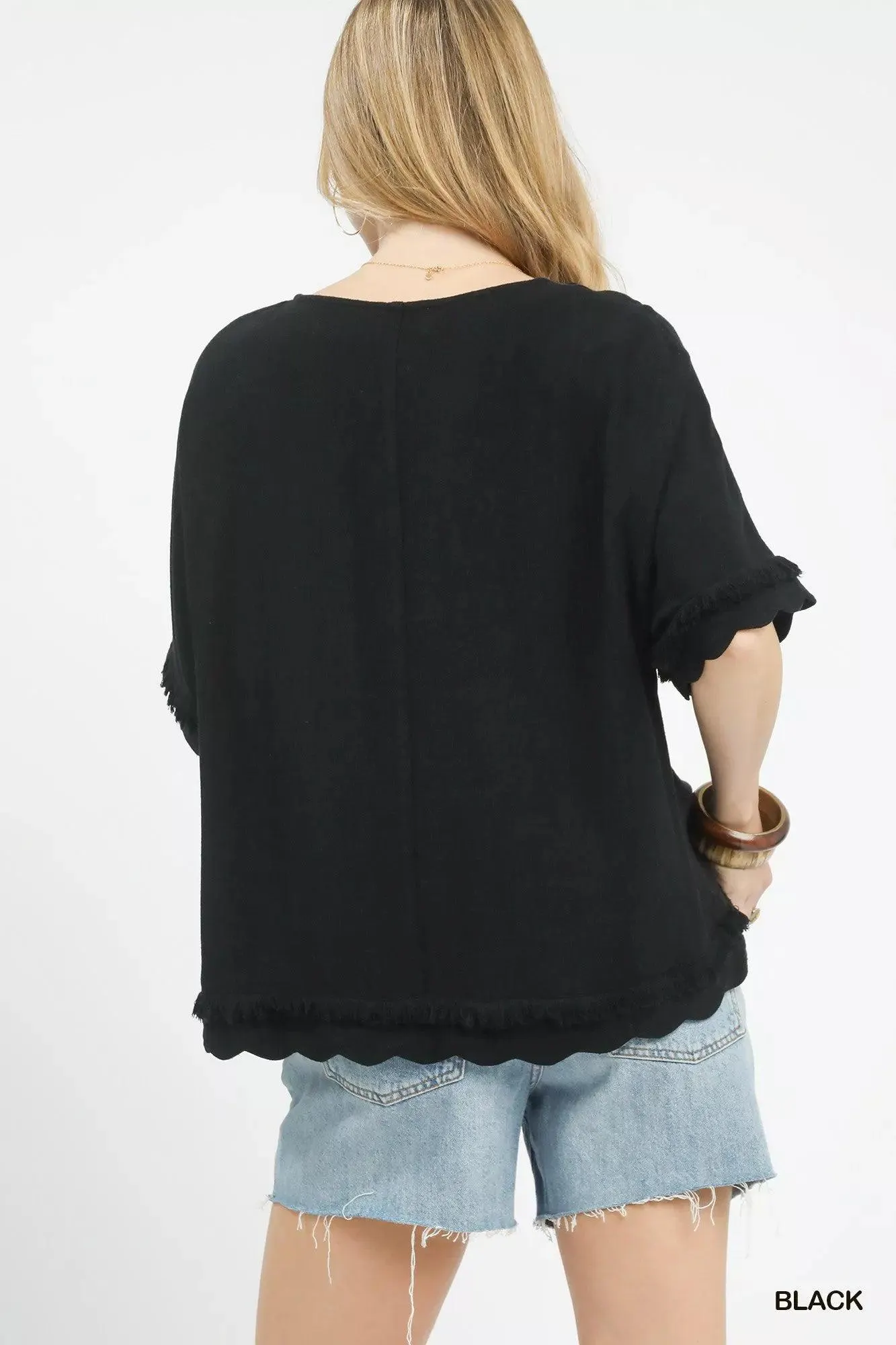 Midnight Linen Frayed Hem Scallop Top — view 3