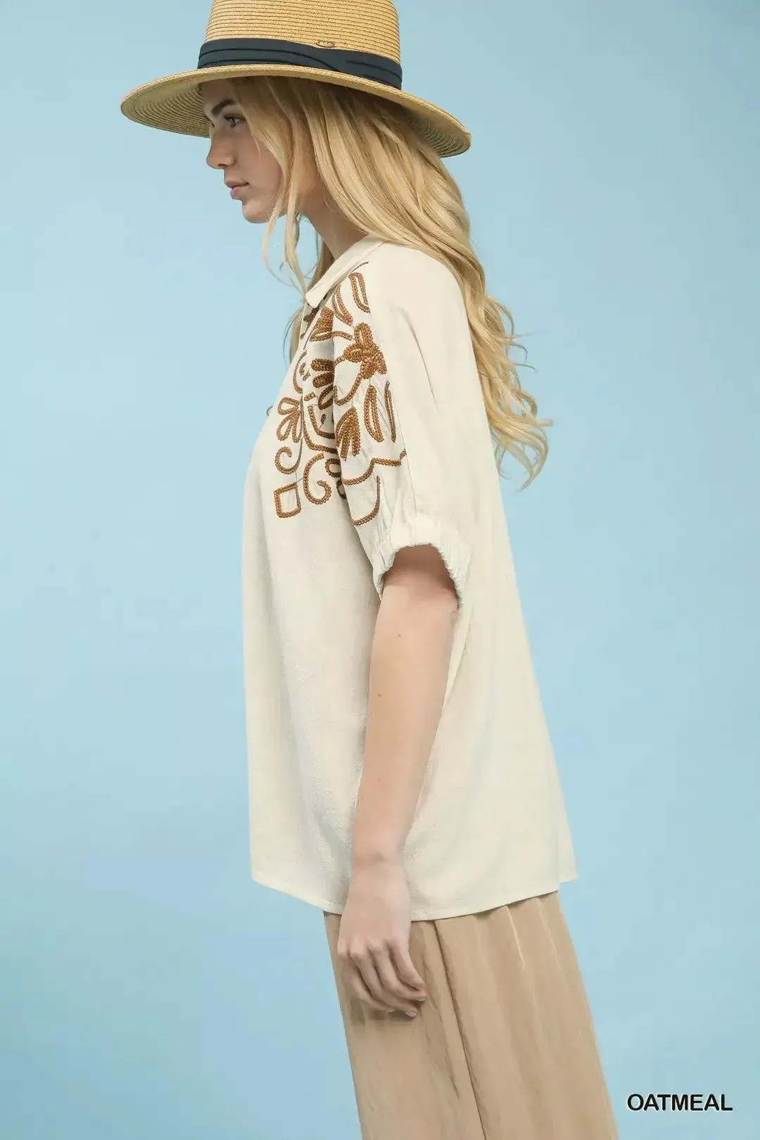 Timeless Linen Embroidered Sleeve Oversized Blouse — view 4