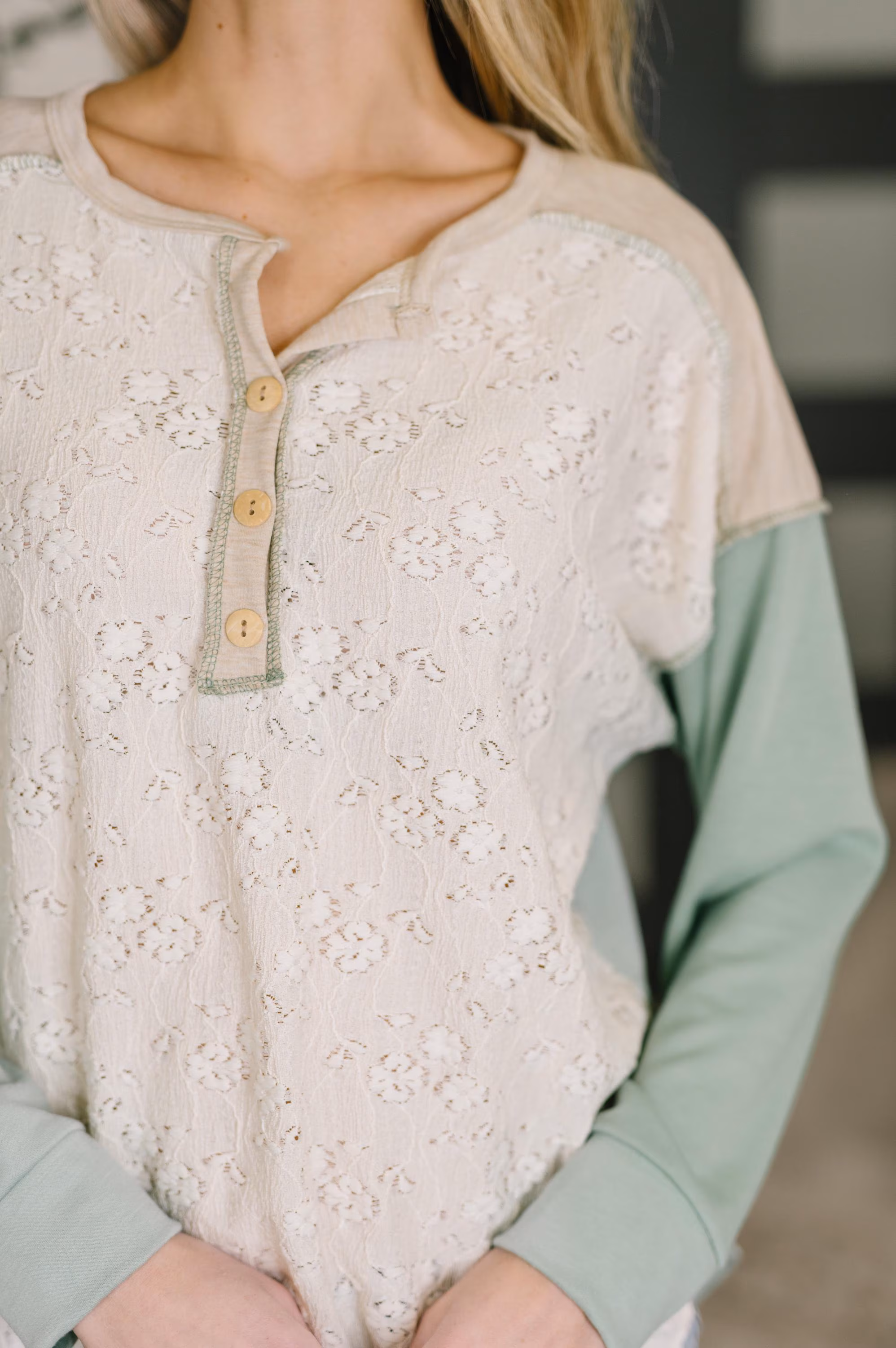 Womens Top Because I Can Drop Shoulder Henley Top — view 2