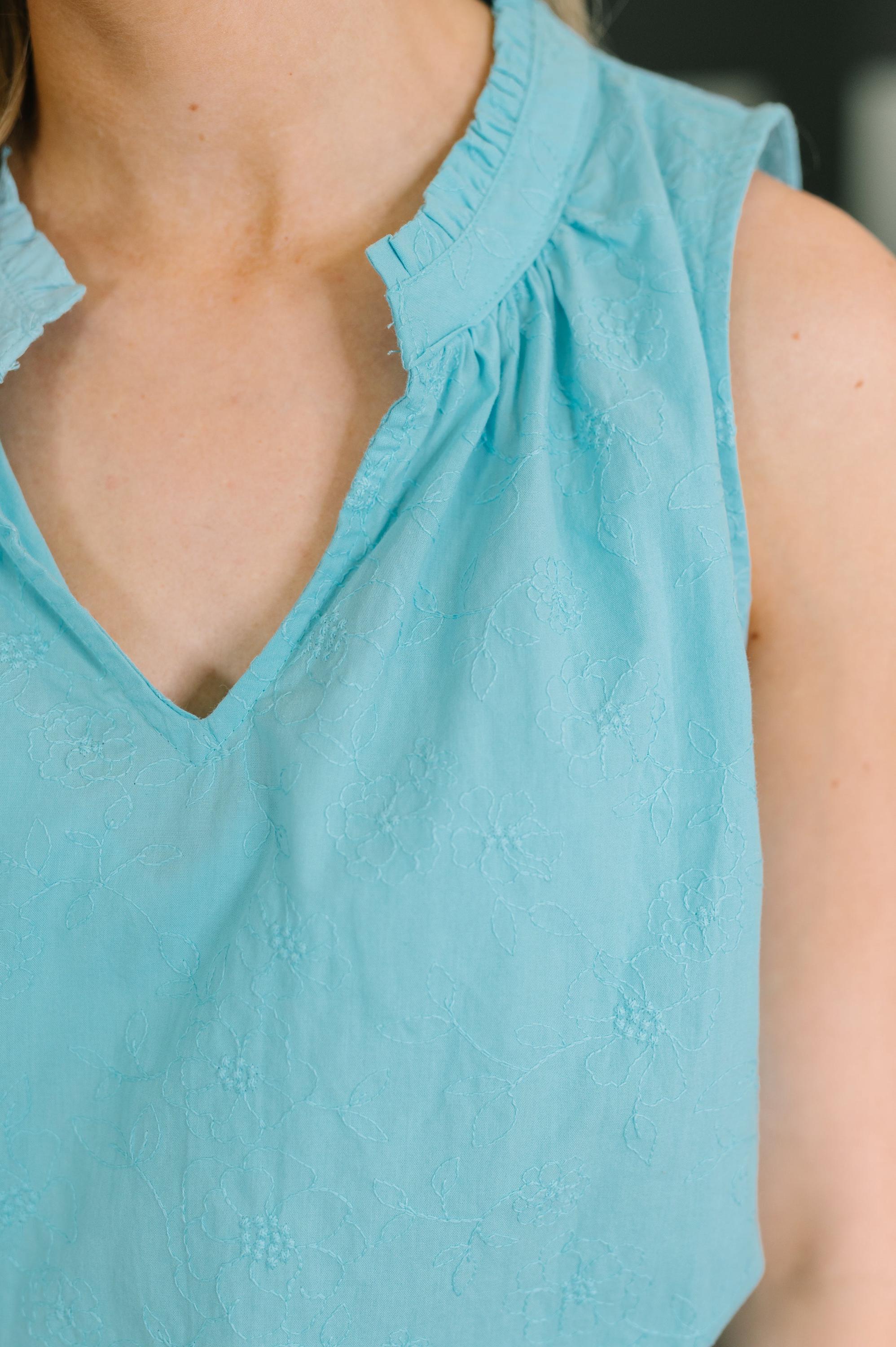 Cute Embroidered Cotton Tank in Aqua — view 2