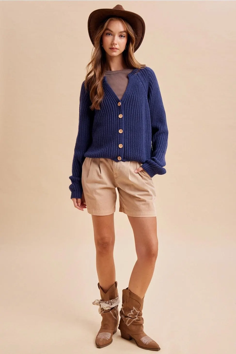 Autumn Harvest Chunky Knit Cotton Cardigan in Heritage Blue — view 2