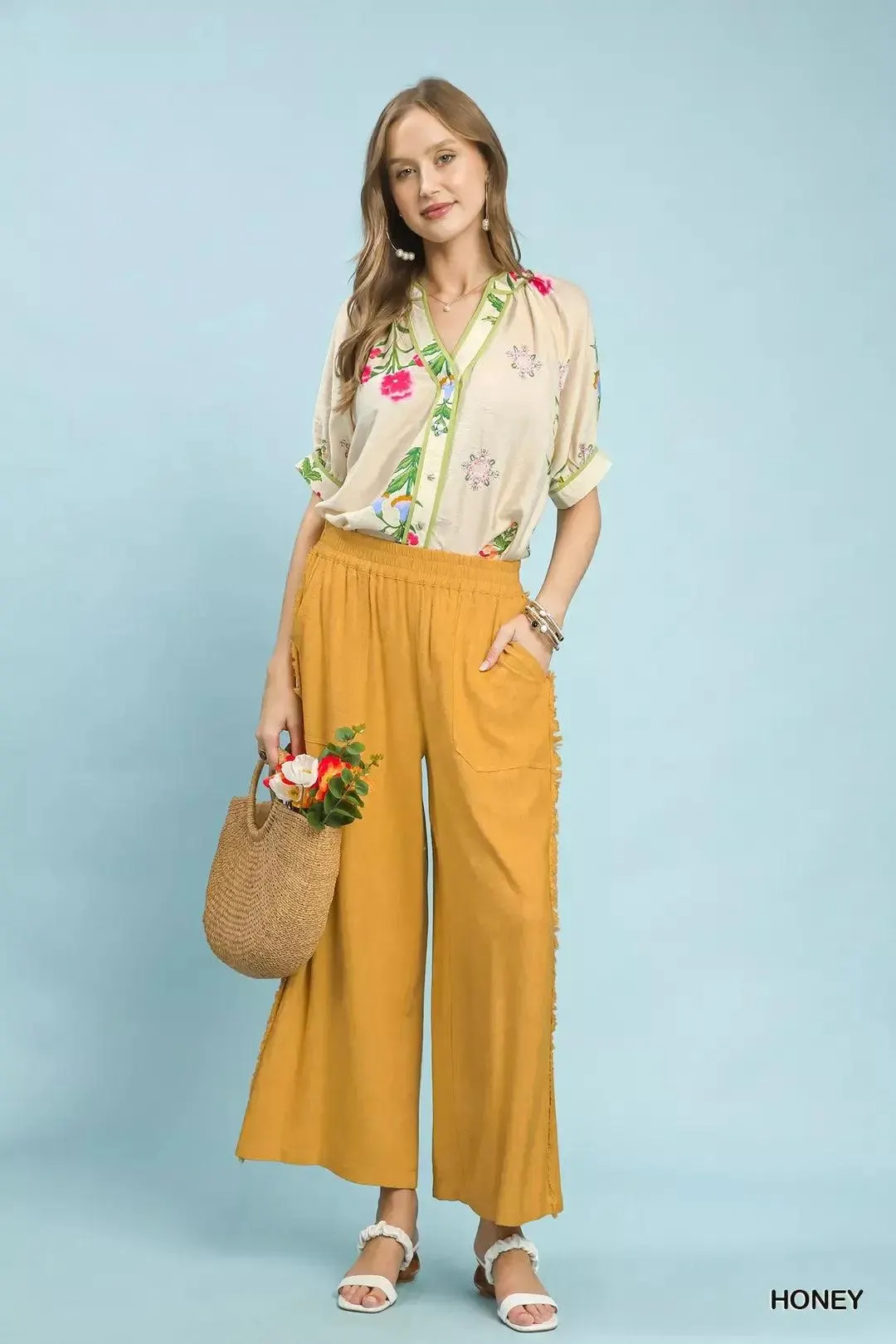 Sweet Honey Linen Frayed Side Pocket Wide Leg Pants — view 5
