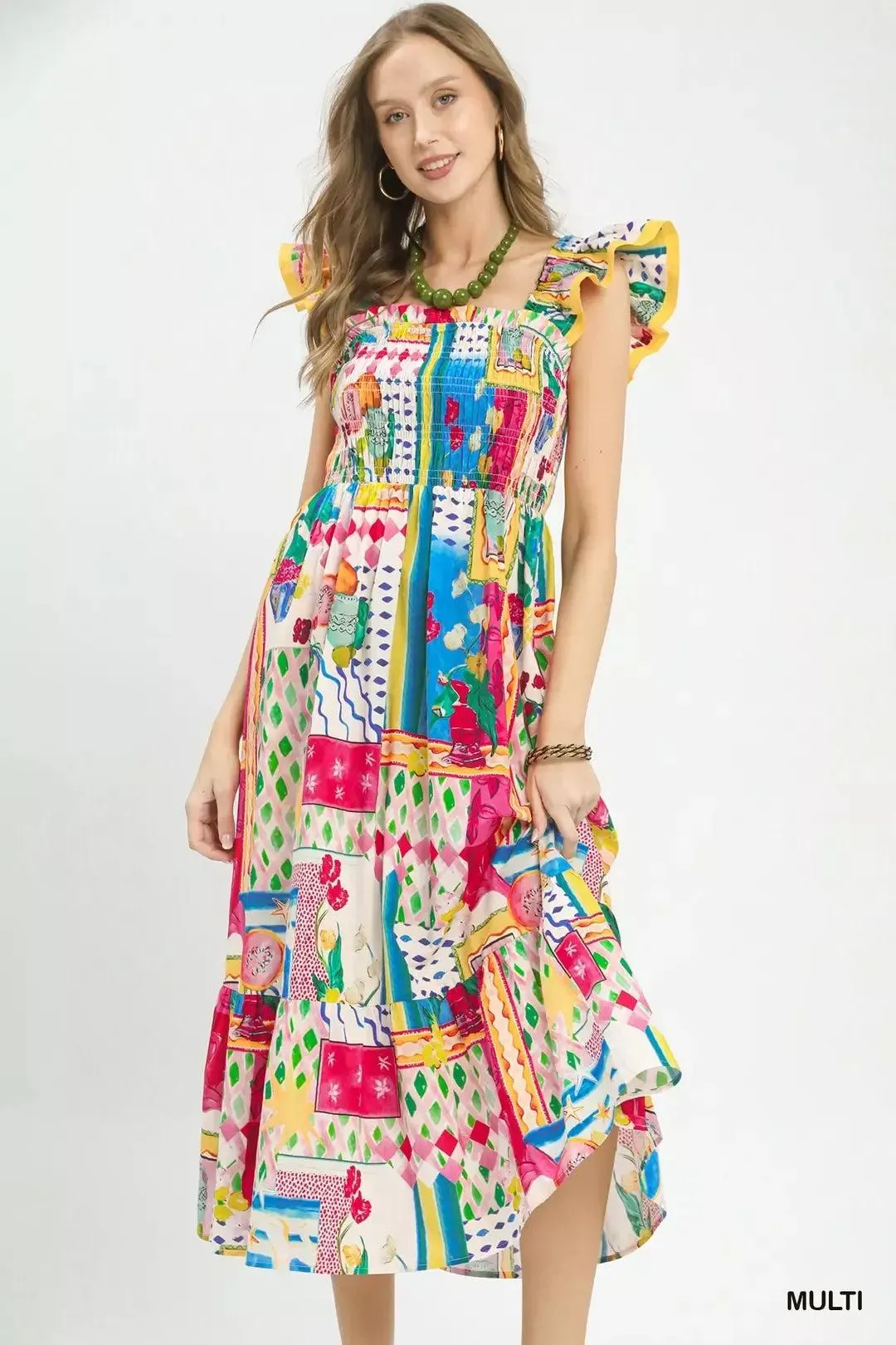 Whimsy Smocked 100 Cotton Ruffle Midi Dress