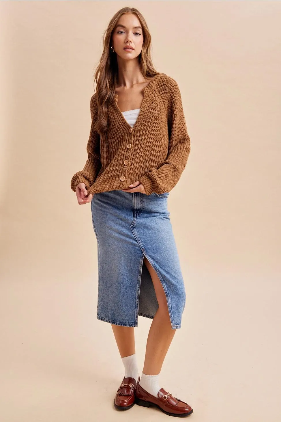 Autumn Harvest Chunky Knit Cotton Cardigan in Carmel — view 5