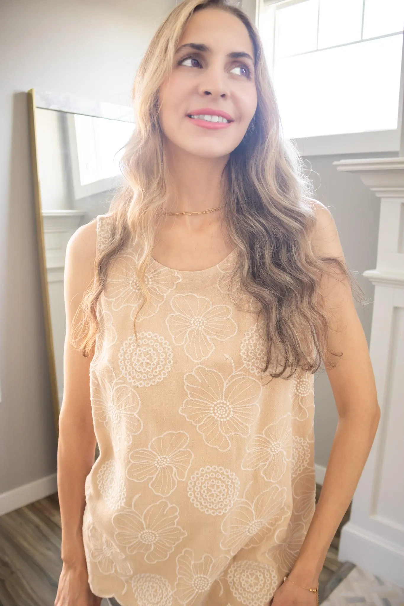 Floral Embroidery Linen Top in Sand — view 8