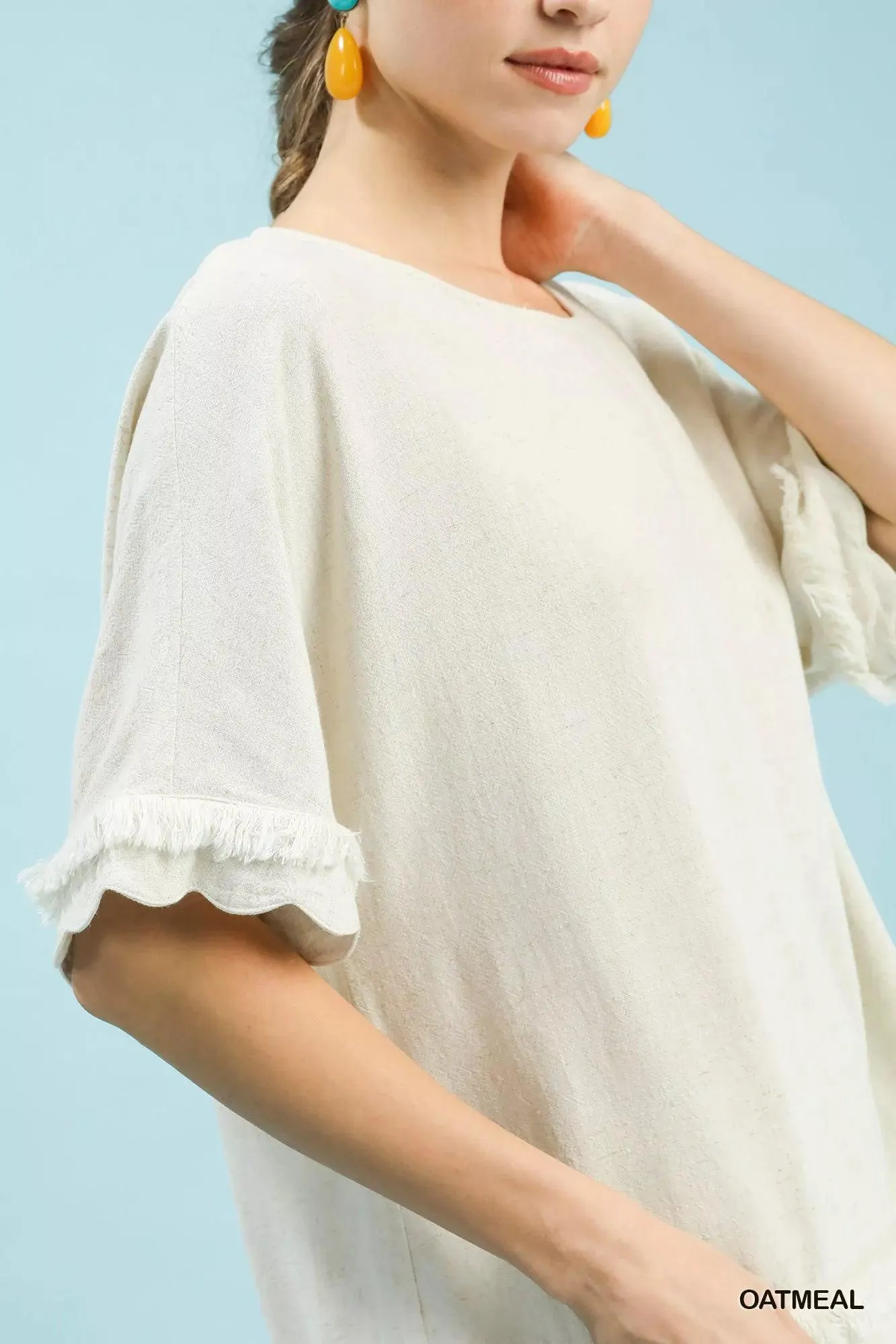 Oceanside Linen Frayed Hem Scallop Top — view 6
