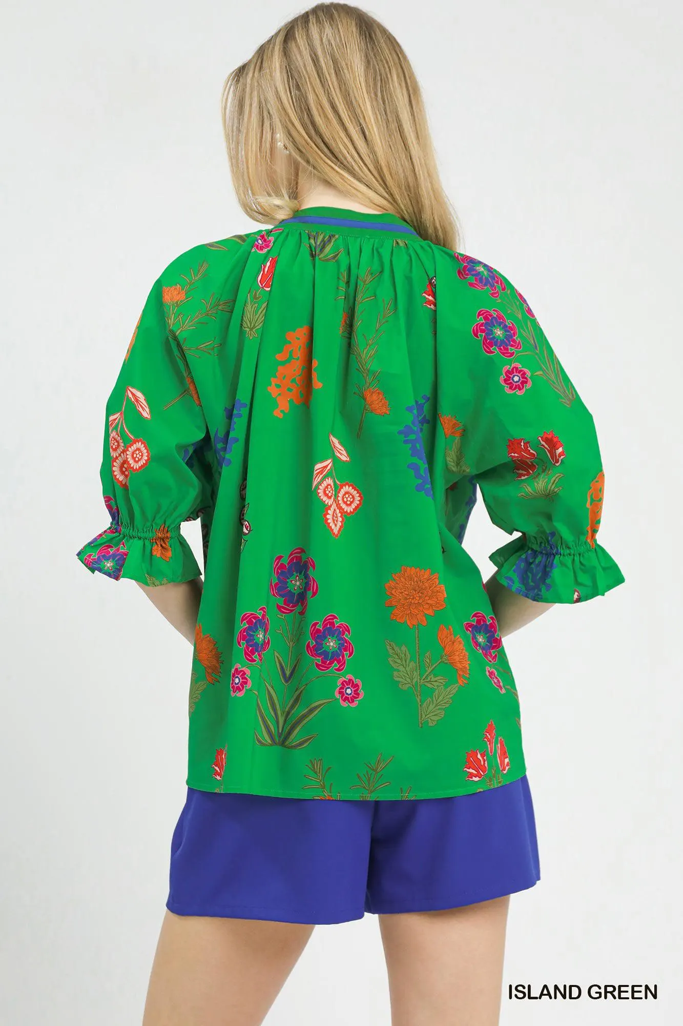 Paradise Garden Floral Split Neck Puff Sleeve Top — view 3