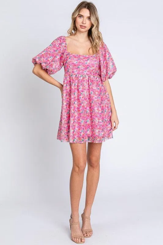 Sequin Swifty Floral Blush Babydoll Dress in Pink — view 5