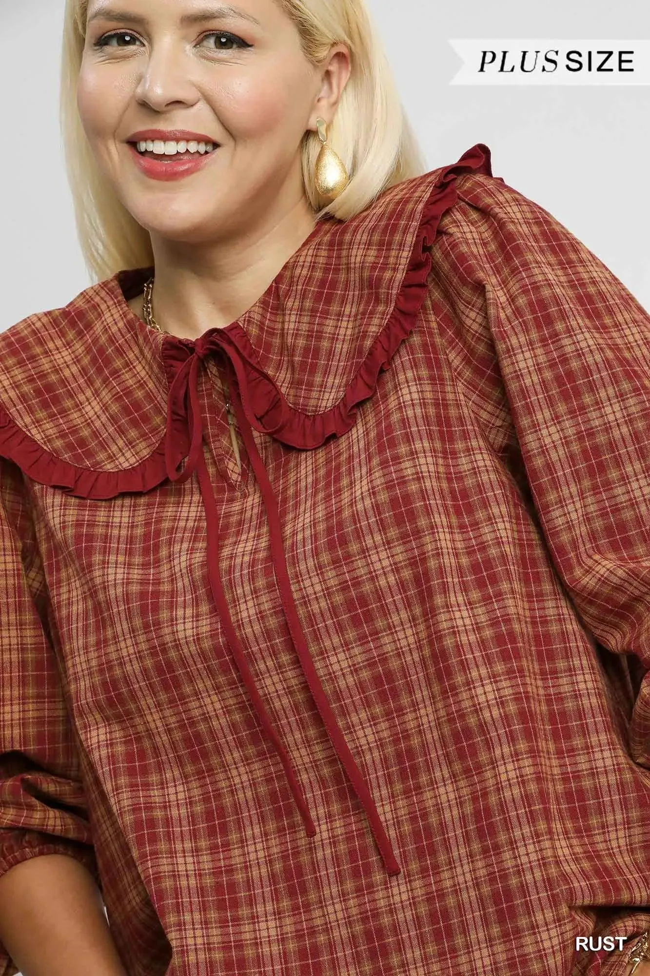 Cider Season Plaid Ruffle Collar Cotton Blouse Vintage — view 10