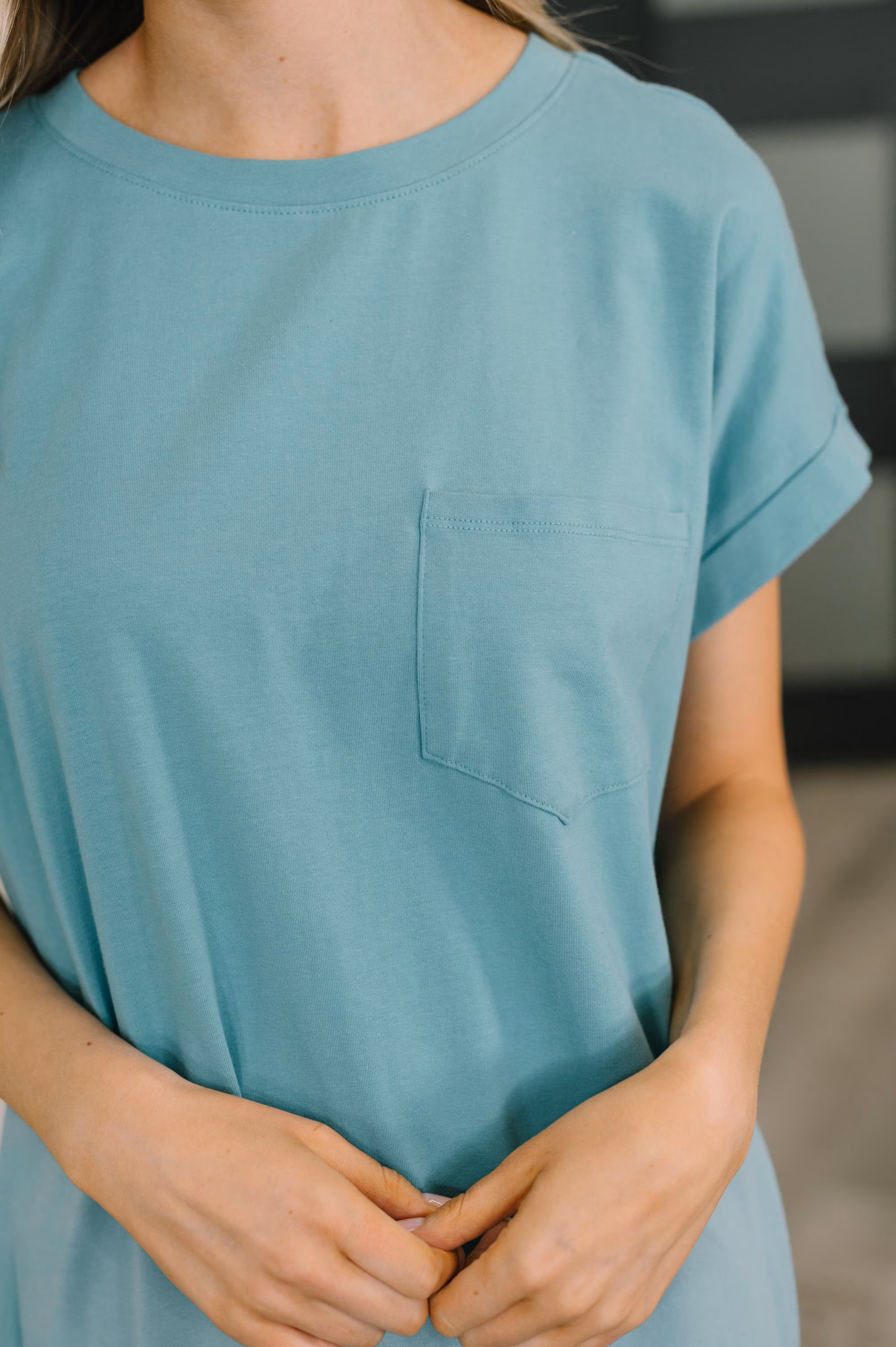 Fix You Right up Short Sleeve Midi Dress in Dusty Teal — view 2
