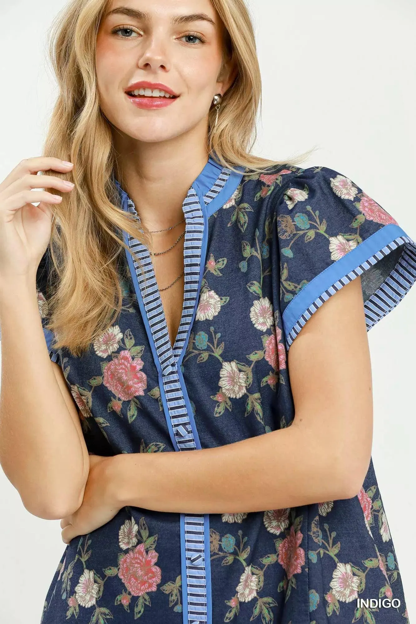 Denim Dreams Floral Ruffle Mini Dress — view 2