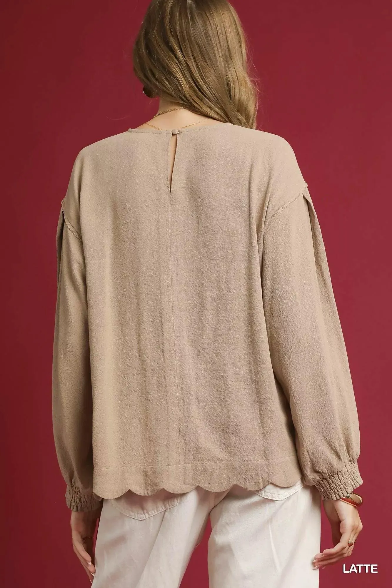 Latte Linen Scallop Hem Long Sleeve Blouse — view 4