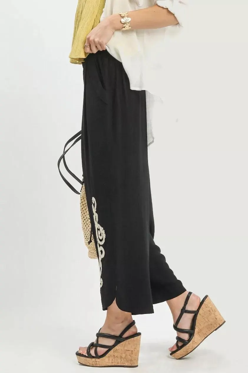 Midnight Linen Embroidered Wide Leg Pants — view 3