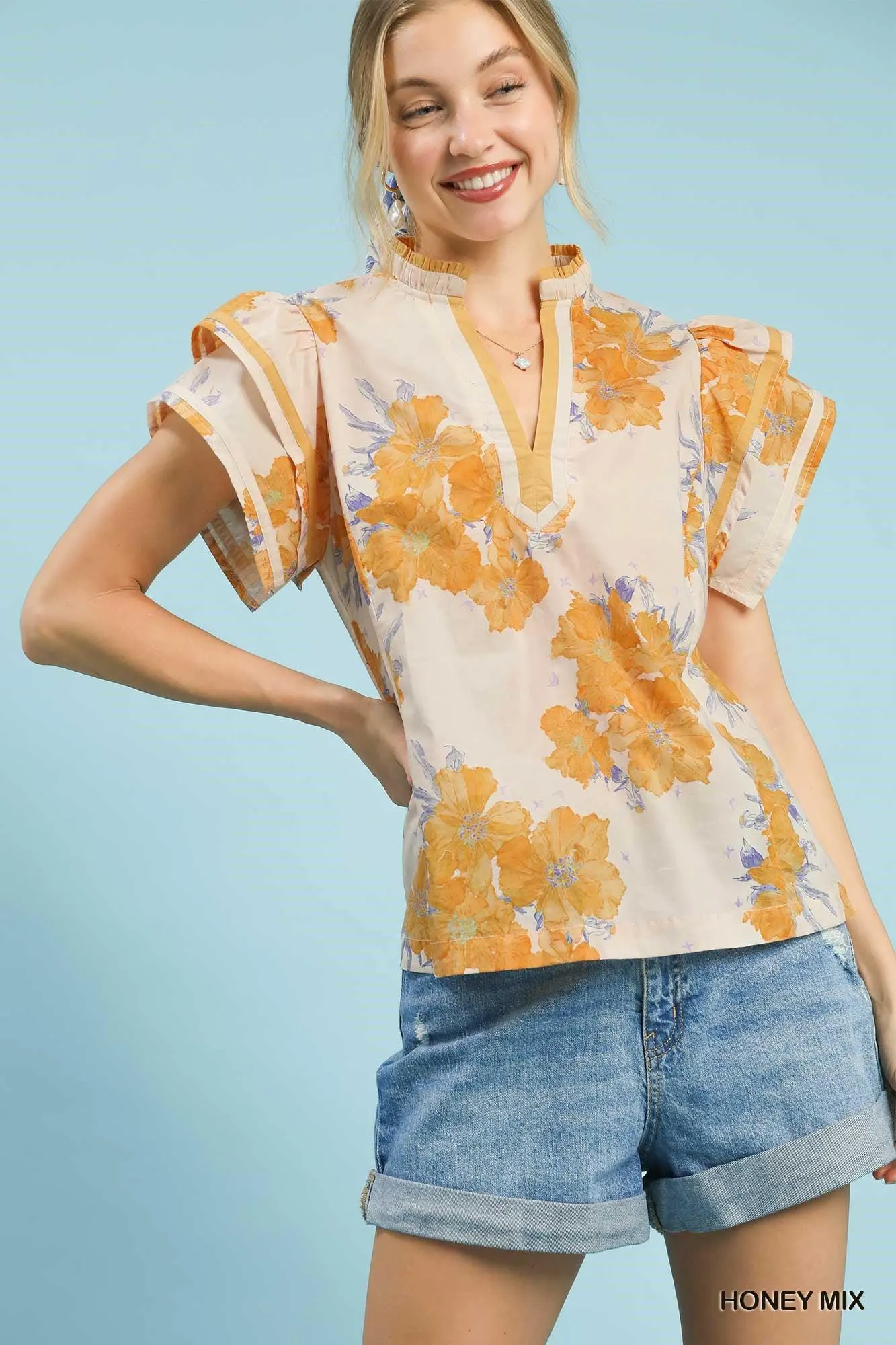 Honey Im Home Floral Ruffle Cotton Top