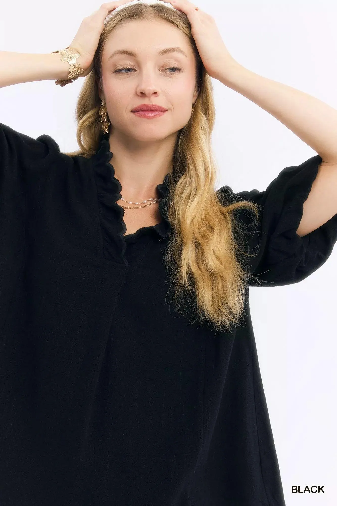 Heirloom Linen Cotton Scallop Blouse in Black — view 5