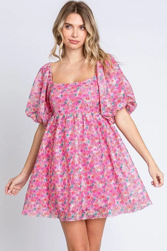 Sequin Swifty Floral Blush Babydoll Dress in Pink — view 2