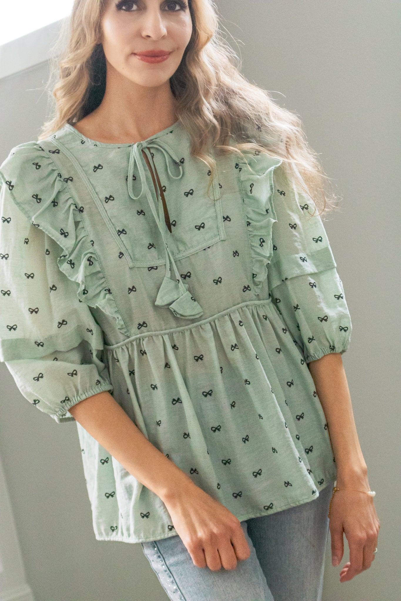 Tea for Two Babydoll Bow Blouse in Mint & Chip — view 3